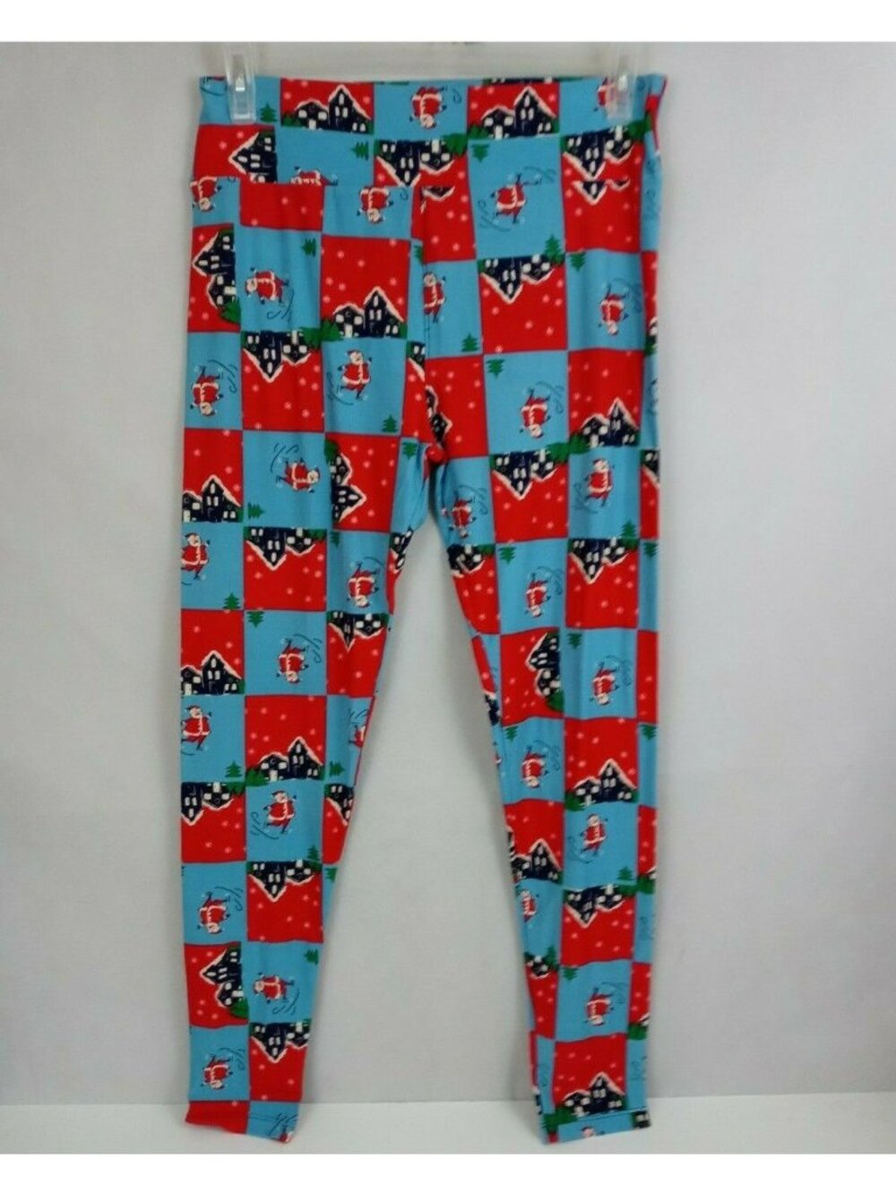 New LuLaRoe Tall & Curvy Leggings Red & Blue Blocks With Santa & Rooftops Design